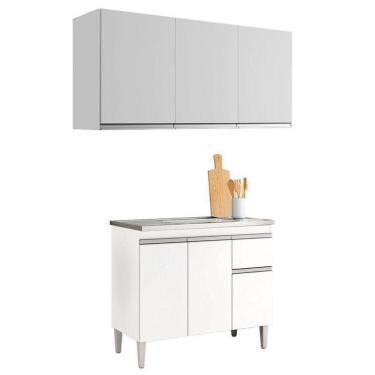Imagem de Balcão De Pia Tatiane 100cm E Armário Aéreo Andréia 3 Portas Branco Brilho - Ajl