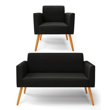 Imagem de Sofá Namoradeira com Poltrona Pés Palito Castanho Marisa Suede Preto D03 - D?Rossi