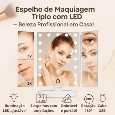 Imagem de Espelho de Maquiagem Dobrável Triplo com LED  Luz Ajustável, Portátil,