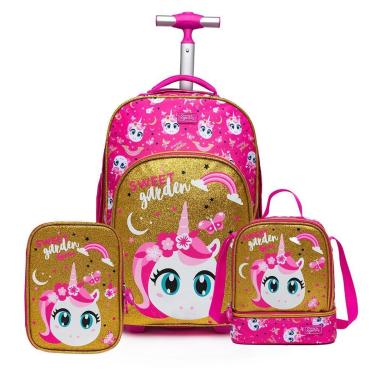 Imagem de Kit Mochila Unicórnio Lancheira Estojo Infantil Escolar Reforçada Menina Espaçosa-Feminino