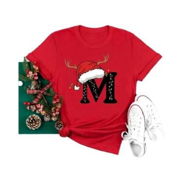 Imagem de Camiseta Feminina Vermelha De Natal Com Alfabeto, Estilo Casual, Manga