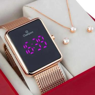 Imagem de Relógio Champion Digital Feminino Rose Ch40080h Colar/brinco - Congrat