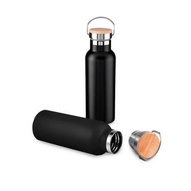 Imagem de Garrafa Térmica Squeeze 500ml De Aço Inox C/ Tampa De Bambu e Alça-Unissex