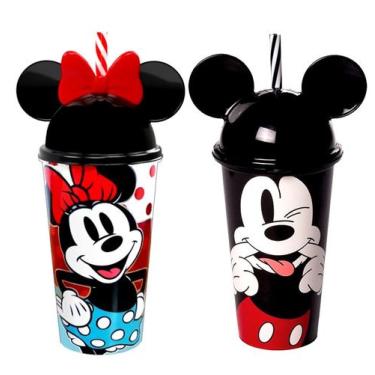 Imagem de Kit de Copos Shake 500ml Plasútil Mickey e Minnie Orelhas, Copo com Ca