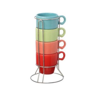 Imagem de Xícaras Stacky 4 Peças Cerâmica Coloridas 90ml Com Suporte - Hauskraft