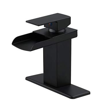 Imagem de BWE Torneira de banheiro preta com linha de fornecimento cachoeira sem chumbo manípulo único um furo preto fosco torneira da pia do banheiro torneira misturadora do lavatório montada no deck