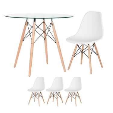 Imagem de KIT - Mesa Eames com tampo de vidro 90 cm + 3 cadeiras Eiffel DSW