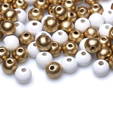 Imagem de Contas de madeira de 10 mm para fabricação de joias, 200 peças de ouro branco cores misturadas contas redondas de madeira soltas para artesanato artesanal, decoração de casa, orifício de 3 mm