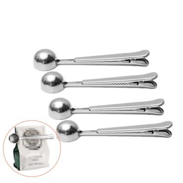 Imagem de Pacote com 4 colheres com clipe, colheres de medida de café com alça de 6 3/4 polegadas, colher de aço inoxidável de 15 ml para café, chá, açúcar, farinha, proteína em pó, bebidas instantâneas e mais - prata