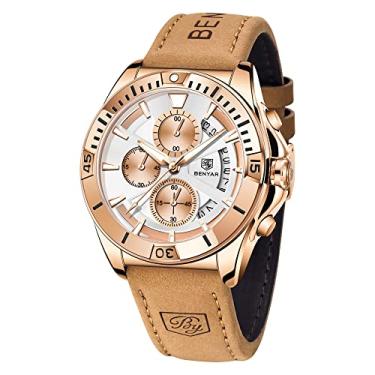 Imagem de Relógio masculino BENYAR, relógio casual de luxo, clássico, elegante, analógico, de couro, cronógrafo, para homens, relógio dourado, impermeável, movimento de quartzo para homens, Dourado/branco
