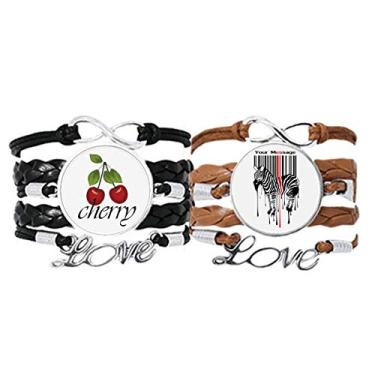 Imagem de DIYthinker Pulseira preta vermelha listrada código grafite pinto pulseira de mão corda de couro cereja amor pulseira conjunto duplo, Não se candidatar