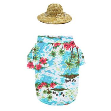 Imagem de Conjuntos camisa para animais de estimação camisa havaiana para cachorro camiseta de verão para cachorro chapéus vestidos Chapéu de palha para animais de estimação fofa roupas