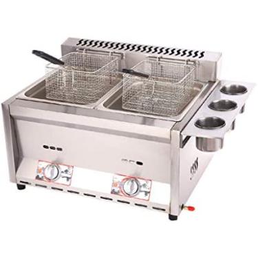 Imagem de Fritadeira A Gás 12L Fritadeira De Aço Inoxidável Com Janela De Visualização, Fritadeira De Chip Duplo De Grande Capacidade Com 2 Cestos E Tampas Para Chips De Donuts, Limpeza Fácil 12 Litros,Plea