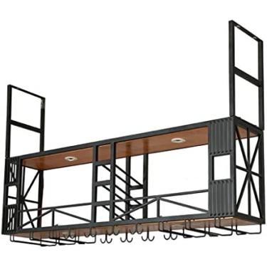 Imagem de Rack Para Pendurar Copo De Vinho Industrial De 2 Camadas De Metal E Madeira Vintage Bar De Cabeça Para Baixo Para Pendurar Garrafa E Suporte De Vidro Prateleira Para Decoração De Teto Para Bar Coz