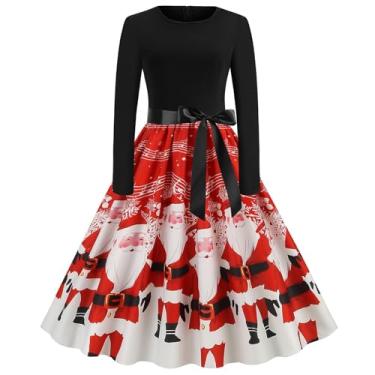 Imagem de Vestido longo de Natal para mulheres, vestidos de festa de fim de ano, laço na cintura, elegante, evasê, de inverno, manga comprida, coquetéis, Vermelho, M