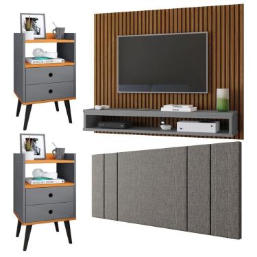 Imagem de Painel Ripado Freijó Tv 50 Polegadas Cissa Cabeceira Cama Box Casal Luana Linho 1,40 Kit 2 Mesinhas Quarto Gaveta Nicho Dream Cinza/Cinamomo– RPM