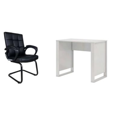 Imagem de Conjunto de Mesa Morada Branca com Cadeira de Escritório Interlocutor Fixa Charles Preta