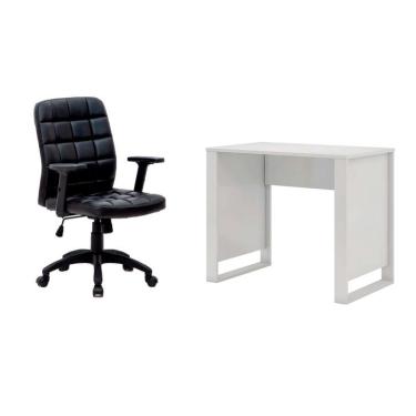 Imagem de Conjunto de Mesa Morada Branca com Cadeira de Escritório Diretor Giratória Fitz com Braços Ajustáveis Preta