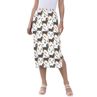 Imagem de CHIFIGNO Saia feminina comprimento midi cintura alta saias femininas elegantes para coquetéis de trabalho, Cães Dachshund cinza e laranja, P