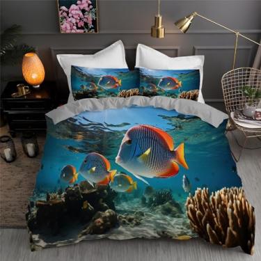 Imagem de Jogo de cama King com estampa de peixe oceano, conjunto de 3 peças para decoração de quarto, capa de edredom de microfibra macia 264 x 233 cm e 2 fronhas, com fecho de zíper e laços