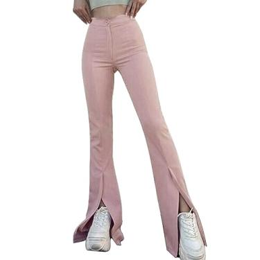 Imagem de Calça feminina flare folgada cintura alta para relaxar verão algodão jeans calça social ajuste solto, rosa, G