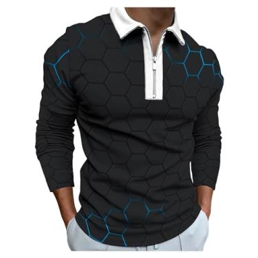 Imagem de Camisa polo masculina estampa de favo de mel impressão digital 3D camisa de golfe cor combinando meio zíper, Preto, XXG