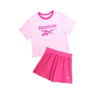 Imagem de Reebok Conjunto de shorts ativos para meninas - camiseta de manga curta e shorts de ginástica de malha com golfinho - conjunto esportivo para meninas (7-12), Rosa neon, 12