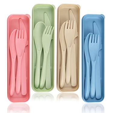 Imagem de Conjunto de utensílios reutilizáveis com capa, utensílios de viagem para 4 pessoas, conjunto de talheres de plástico, colheres e garfos, talheres de mesa, talheres portáteis de acampamento para