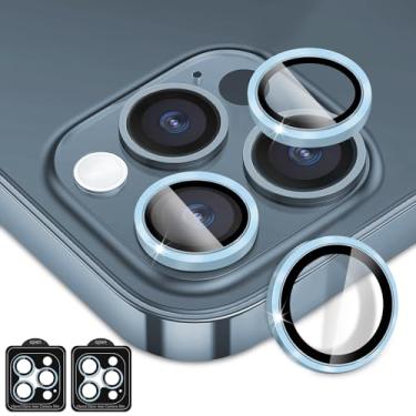 Imagem de OUYTEU Pacote com 2 protetores de lente de câmera (azul) para iPhone 15 Pro e iPhone 15 Pro Max, anel de metal de vidro temperado 9H, Ultra HD, anti-arranhões, compatível com capas, compatível com iPhone 14 Pro e 14 Pro Max