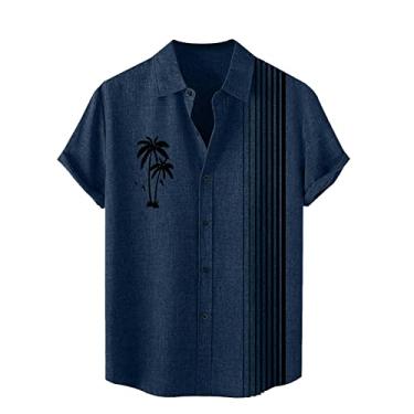 Imagem de Aniywn Camisa masculina de verão, praia, casamento, havaiana, floral, manga curta, ajuste relaxado, algodão, linho, camisa casual com botões, A2 - Azul-marinho, G