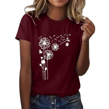 Imagem de Camiseta feminina com estampa de flor de dente-de-leão manga curta gola redonda moderna top leve feminino ombro vazado, Vinho, M
