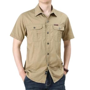 Imagem de Camisetas cargo de verão masculinas de manga curta casual de combate tática com vários bolsos, Caqui, P