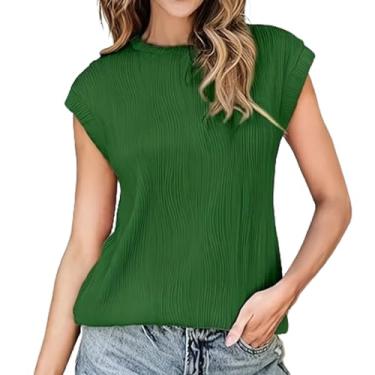 Imagem de Camiseta feminina de verão com gola redonda, manga curta, texturizada, moda, gola redonda, sólida, solta, casual, básica, camisetas, blusas (Green,XXL)