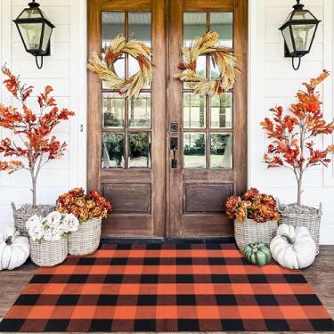 Imagem de Tapete xadrez laranja e preto, tapete de decoração de porta da frente ao ar livre de 90 x 12 cm, tapete de algodão lavável à mão para capacho em camadas, tapete de Ação de Graças de Halloween para varanda, entrada