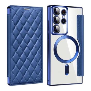 Imagem de Capa de couro magnética porta-cartões para Samsung Galaxy S24 S23 S22 Ultra Plus A55 A35 5G de carregamento sem fio capa flip à prova de choque, azul escuro, para Galaxy S24Ultra