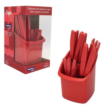Imagem de Conjunto Talheres com Porta Talher Capri 25 Peças Vermelho