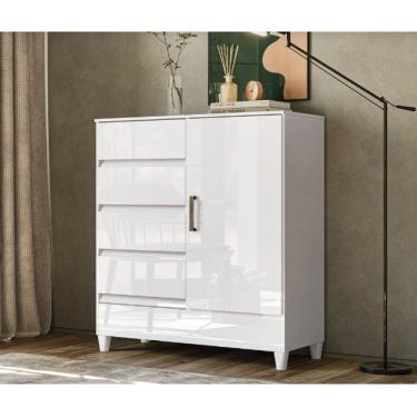 Imagem de  Comoda  1 Porta com 4 Gavetas Com Pés Santos Andira Branca 