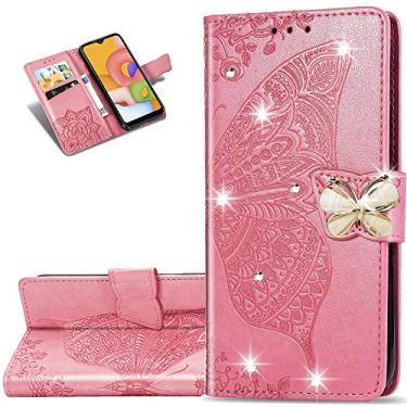 Imagem de LEMAXELERS Capa para Google Pixel 3A XL com borboleta de diamante brilhante em relevo carteira flip couro PU slots magnéticos para cartão com suporte para Google Pixel 3A XL diamante borboleta rosa SD