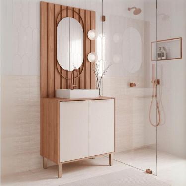 Imagem de Conjunto de Banheiro Completo com Armário 80cm Painel Ripado Cuba e Espelheira Elis Yescasa Freijó/Offwhite