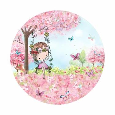 Imagem de Painel de Tecido Sublimado Redondo Fadinha Jardim Flores Rosa e Borbol