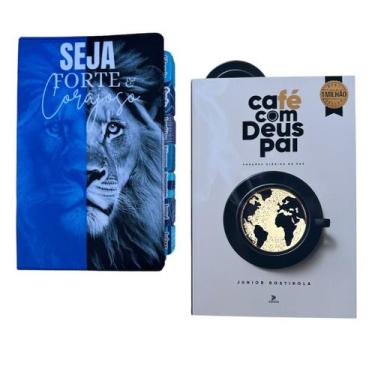Imagem de Kit Bíblia Azul Seja forte e corajoso com Abas coladas + Café com Deus