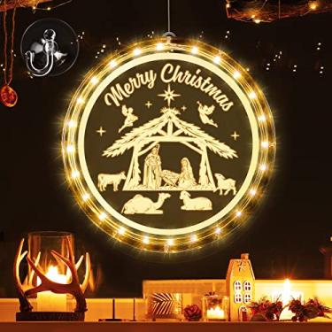 Imagem de Honoson Feliz Natal Luz de janela decoração 3D Jesus luz com ventosa presépio luz de pendurar religiosa decorativa LED operada por bateria para festa de Natal, interior e exterior quarto (21 cm,