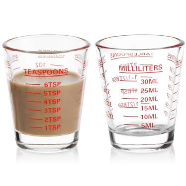 Imagem de Copos de dosagem de copo medidor, pacote com 2 copos de café expresso, vidro pesado líquido, 26 medições incrementais, 28,3 g, 2 TBS, 6 colheres de chá, utensílios de cozinha de 30 ml (vermelho)