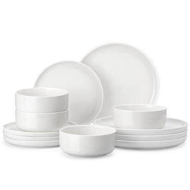 Imagem de MALACASA Conjunto de pratos e tigelas, 12 peças de louça de porcelana, resistente a lascas, conjunto de pratos de cerâmica resistente a lascas, serviço de jantar para 4, branco, série LUNA