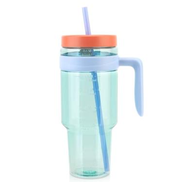 Imagem de Cafezi Copo de plástico Tritan de 1,5 l com tampa, canudo e alça | Copo à prova de vazamento sem BPA com marcador de tempo | Copo reutilizável para café gelado, milkshakes, bebidas esportivas, cerveja