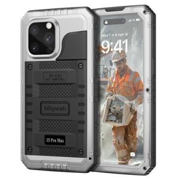 Imagem de Mitywah Capa à prova d'água para iPhone 15 Pro Max, capa resistente à prova de choque com protetor de tela integrado, capa de metal protetora subaquática de corpo inteiro de 6,7 polegadas, prata