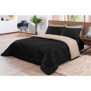 Imagem de Kit Edredom + Jogo De Lençol Aconchego Look House Dupla Face Casal King 06 Peças - Preto E Caqui