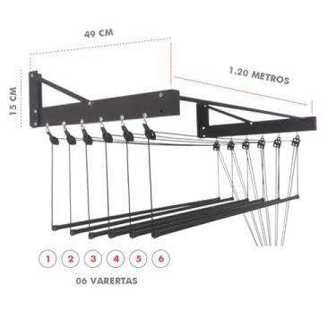 Imagem de Varal individual de parede com 6 varetas preto em alumínio - Varais St