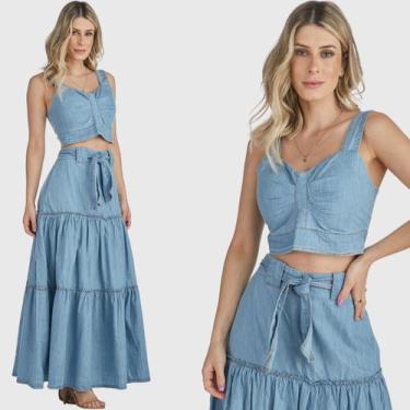 Imagem de Conjunto Jeans HNO Jeans Saia Longa e Cropped Blue Jeans, P