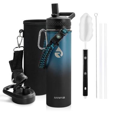 Imagem de Garrafa térmica de água RAYMYLO, aço inoxidável de parede tripla isolada a vácuo (fria por 48 h), à prova de vazamento, sem BPA, tampas de bico/canudo, infantil, escolar, 591 ml, índigo/preta